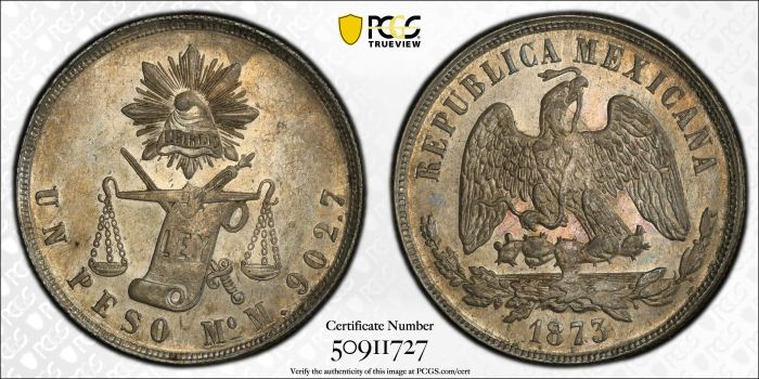 Republic Silver & Minors Peso 1873 Mo M PCGS MS61 KM-408.5 0142663