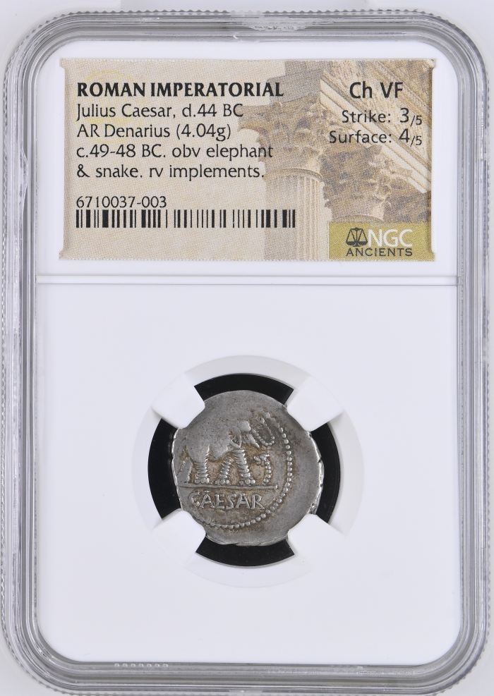 Roman Imperatorial Julius Caesar d.44 BC AR Denarius NGC Ch VF 0142672Roman Imperatorial Julius Caesar d.44 BC AR Denarius NGC Ch VF 0142672