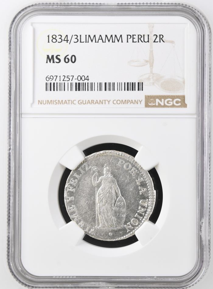 Peru 2 Reales 1834/3 Lima MM NGC MS60 0142677Peru 2 Reales 1834/3 Lima MM NGC MS60 0142677