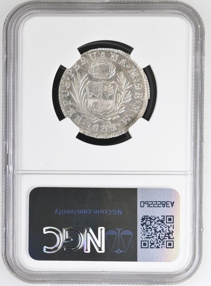 Peru 2 Reales 1834/3 Lima MM NGC MS60 0142677Peru 2 Reales 1834/3 Lima MM NGC MS60 0142677 - Image 2