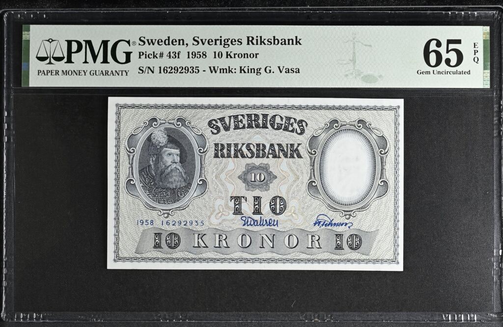 Sweden 10 Kronor 1958 Pick #43f PMG Gem UNC65 EPQ 0142967Property of World Numismatics