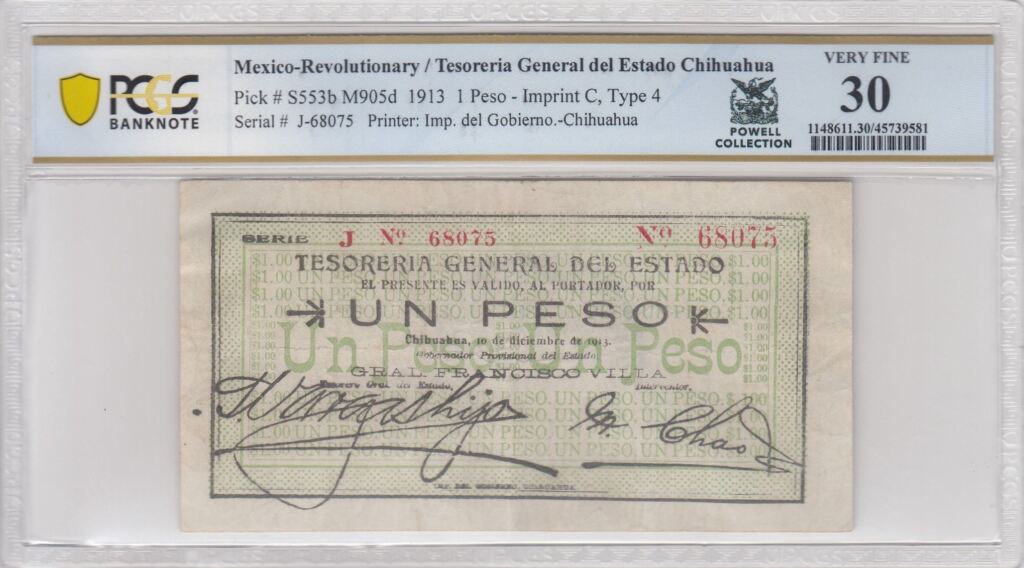 Currency Mexican Currency Revolutionary Currency Revolutionary Currency Peso 1913 Chihuahua M905d PCGS VF30 f_35272 Revolutionary Currency Peso 1913 Chihuahua M905d PCGS VF30 f_35272Property of World Numismatics