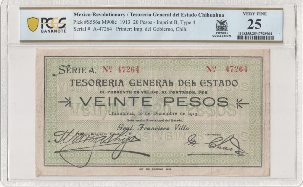 Currency Mexican Currency Revolutionary Currency Revolutionary Currency 20 Pesos 1913 Chihuahua M908c PCGS VF25 f_35273 Revolutionary Currency 20 Pesos 1913 Chihuahua M908c PCGS VF25 f_35273Property of World Numismatics