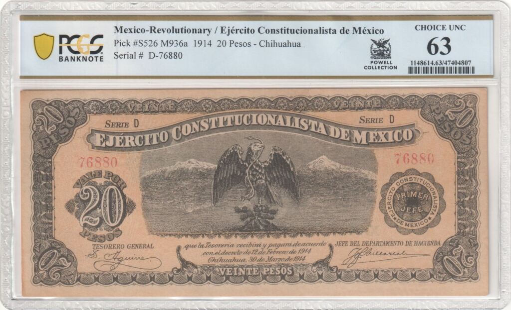 Currency Mexican Currency Revolutionary Currency Revolutionary Currency 20 Pesos 1914 Chihuahua M936a PCGS CH UNC63 f_35277 Revolutionary Currency 20 Pesos 1914 Chihuahua M936a PCGS CH UNC63 f_35277Property of World Numismatics