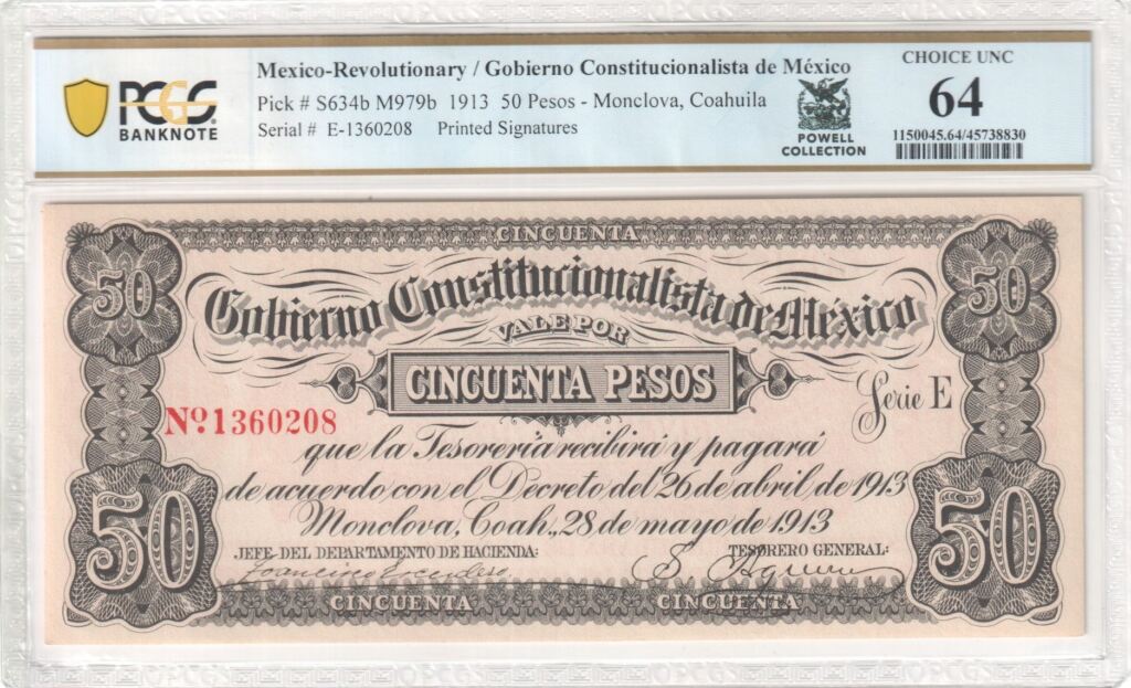 Currency Mexican Currency Revolutionary Currency Revolutionary Currency 50 Pesos 1913 Coahuila M979b PCGS CH UNC64 f_35278 Revolutionary Currency 50 Pesos 1913 Coahuila M979b PCGS CH UNC64 f_35278Property of World Numismatics