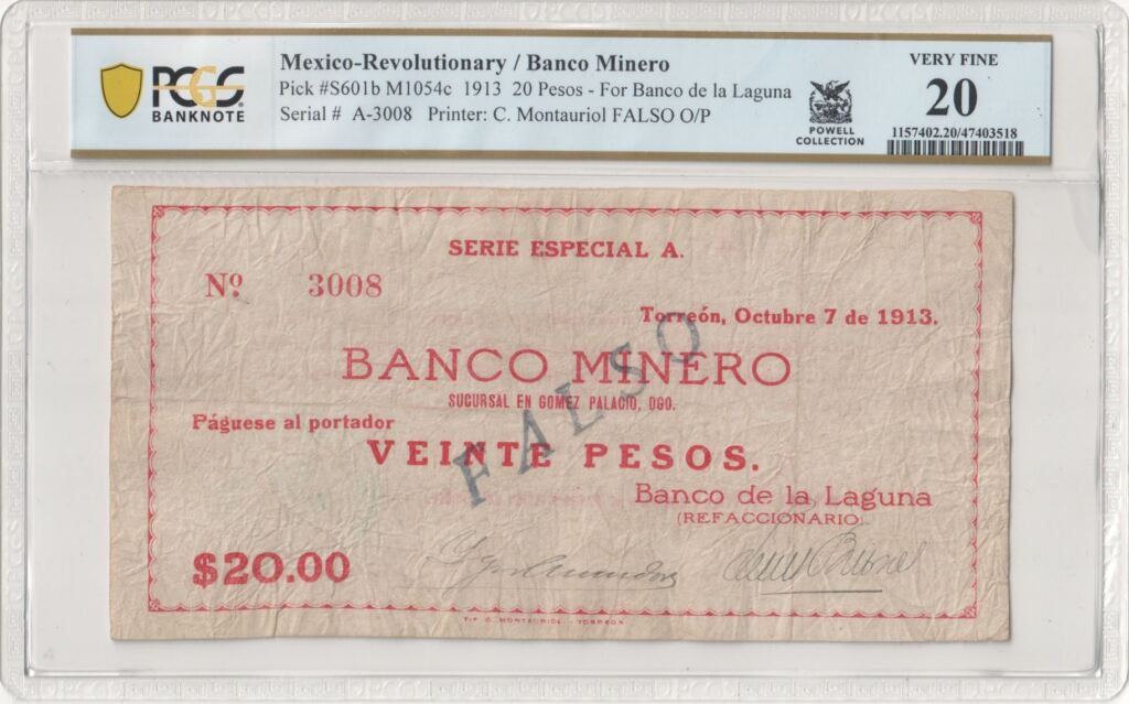 Currency Mexican Currency Revolutionary Currency Revolutionary Currency 20 Pesos 1913 Coahuila M1054c PCGS VF20 f_35279 Revolutionary Currency 20 Pesos 1913 Coahuila M1054c PCGS VF20 f_35279Property of World Numismatics