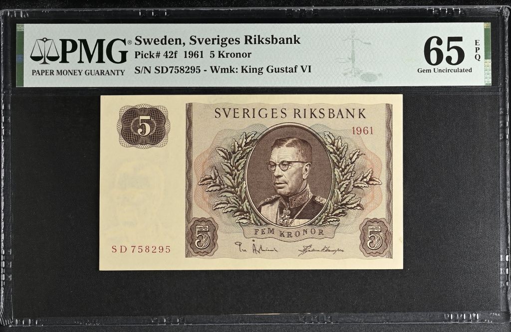 Sweden 5 Kronor 1961 Pick #42f PMG Gem UNC65 EPQ 0142962