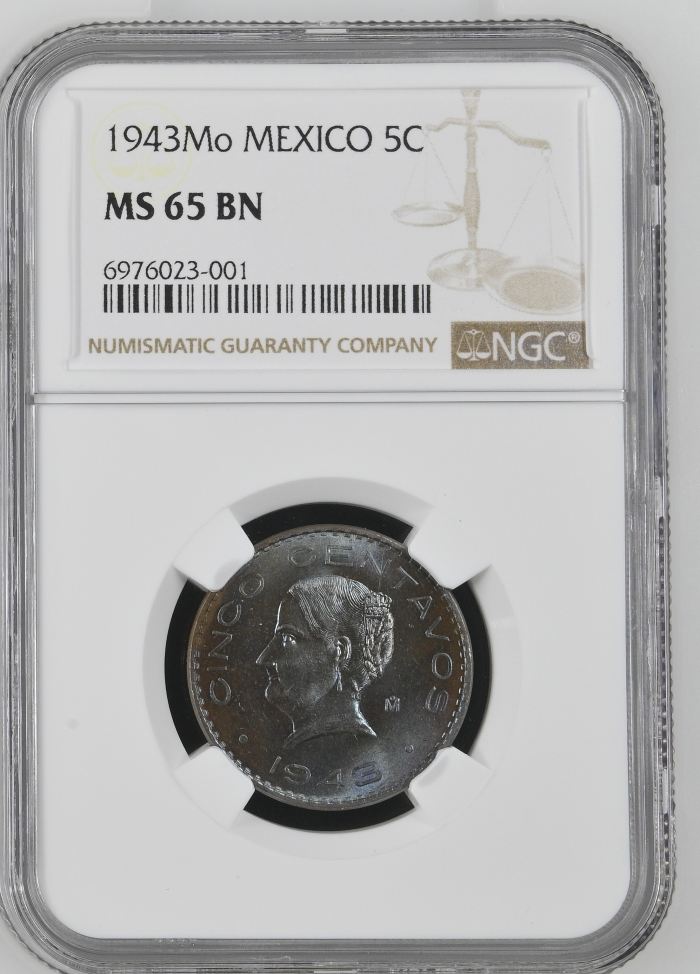 Modern Silver & Minors 5 Centavo 1943 Mo NGC MS65BN 0143407Modern Silver & Minors 5 Centavo 1943 Mo NGC MS65BN 0143407