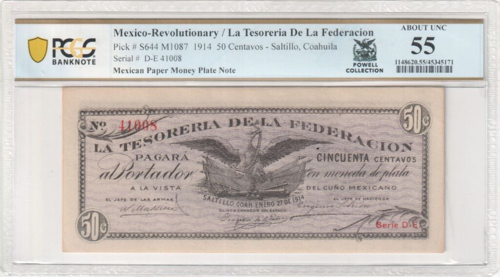 Currency Mexican Currency Revolutionary Currency MEXICAN PAPER MONEY PLATE NOTE Revolutionary Currency 50 Centavos 1914 Coahuila M1087 PCGS AU55 f_35360 MEXICAN PAPER MONEY PLATE NOTE Revolutionary Currency 50 Centavos 1914 Coahuila M1087 PCGS AU55 f_35360Property of World Numismatics