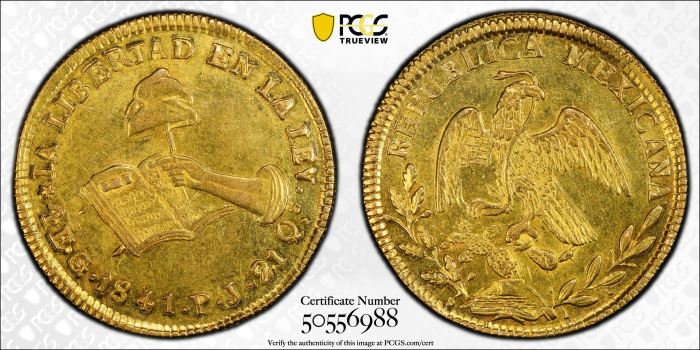 Republic Gold 4 Escudos 1841 Go PJ PCGS MS61 0143571