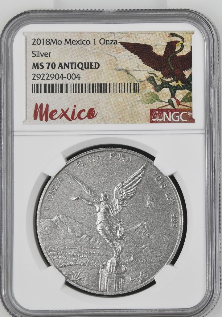 Modern Silver & Minors Onza 2018 Mo NGC MS70 Antiqued 0143850