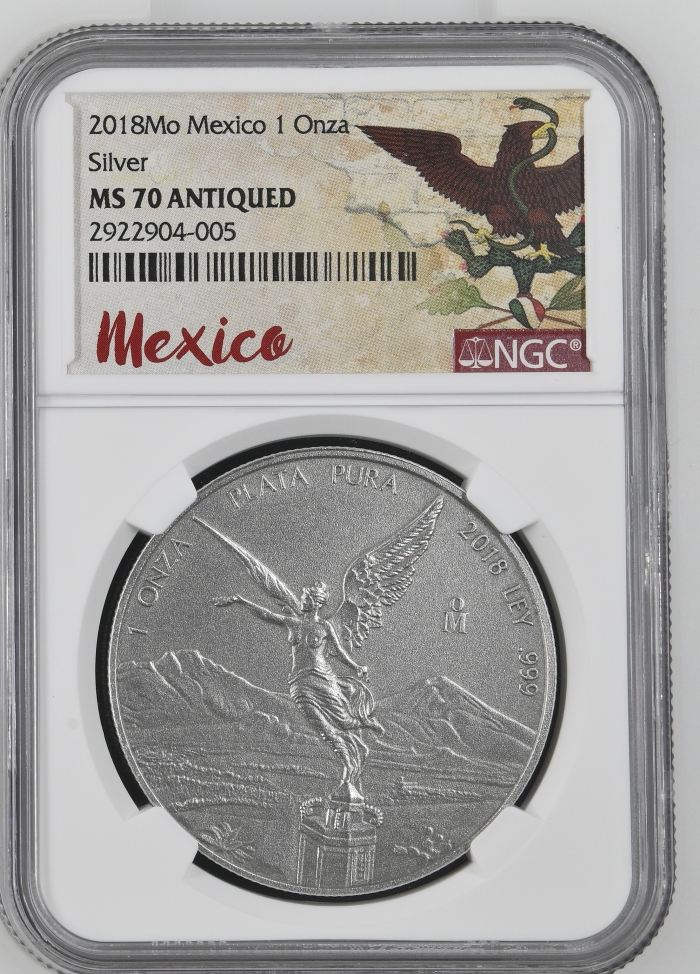 Modern Silver & Minors Onza 2018 Mo NGC MS70 Antiqued 0143851Modern Silver & Minors Onza 2018 Mo NGC MS70 Antiqued 0143851