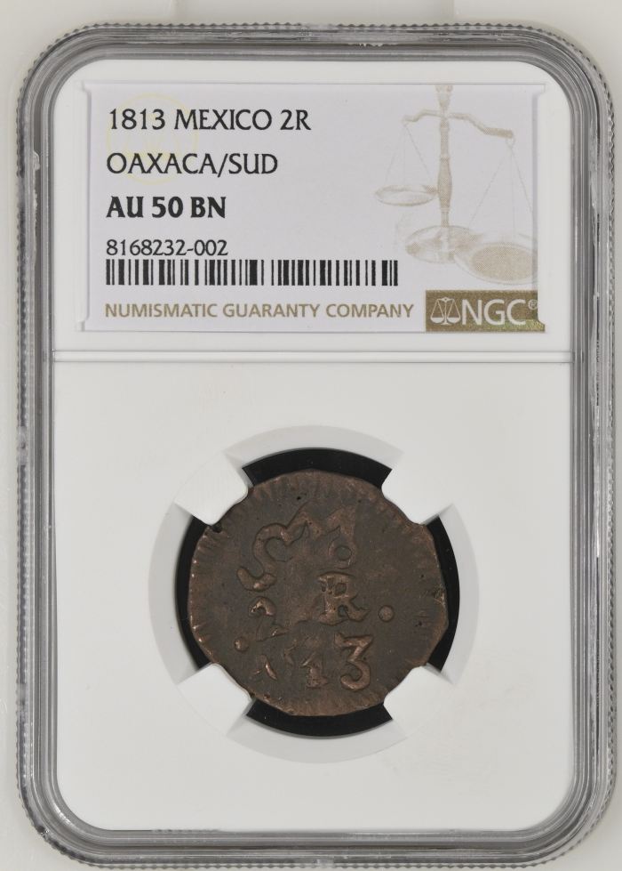 War For Independence 2 Reales 1813 Oaxaca/SUD NGC AU50BN 0144044War For Independence 2 Reales 1813 Oaxaca/SUD NGC AU50BN 0144044