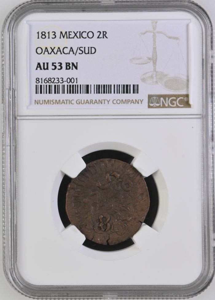 War For Independence 2 Reales 1813 Oaxaca/SUD NGC AU53BN 0144051War For Independence 2 Reales 1813 Oaxaca/SUD NGC AU53BN 0144051