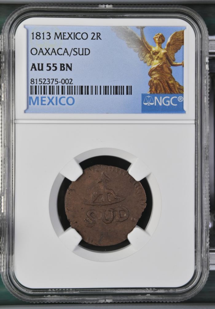 War For Independence 2 Reales 1813 Oaxaca/SUD NGC AU55BN 0144062War For Independence 2 Reales 1813 Oaxaca/SUD NGC AU55BN 0144062