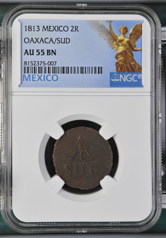 War For Independence 2 Reales 1813 Oaxaca/SUD NGC AU55BN 0144069War For Independence 2 Reales 1813 Oaxaca/SUD NGC AU55BN 0144069