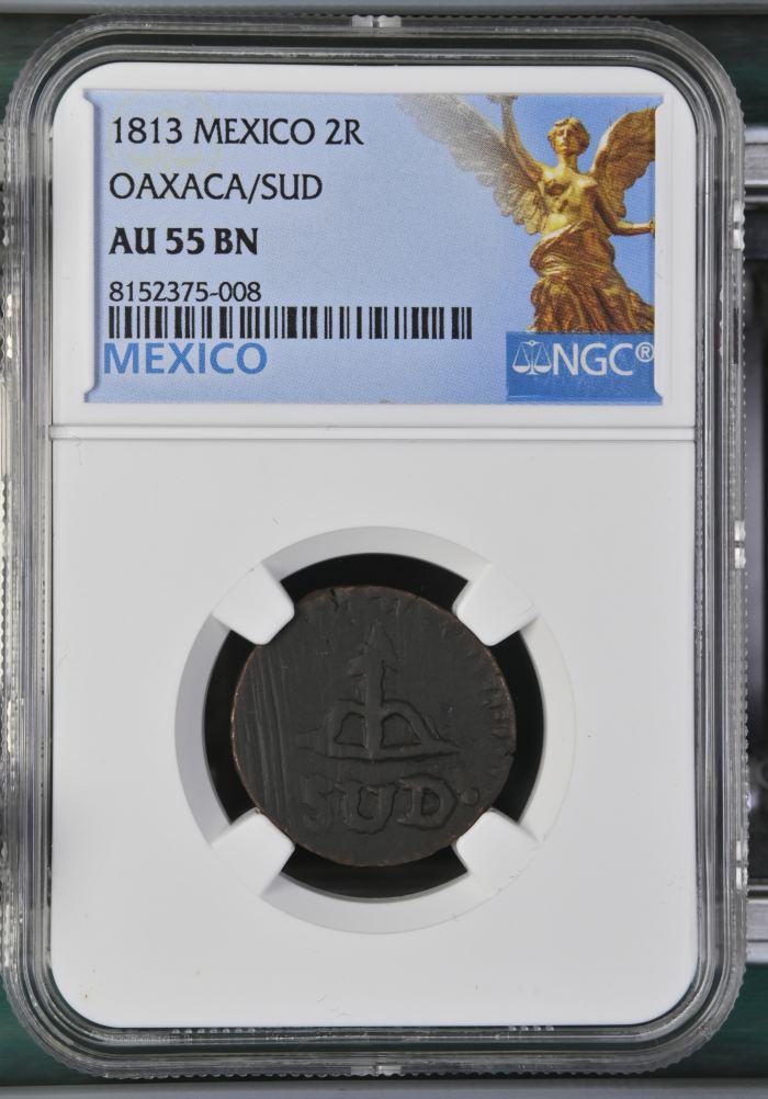 War For Independence 2 Reales 1813 Oaxaca/SUD NGC AU55BN 0144072War For Independence 2 Reales 1813 Oaxaca/SUD NGC AU55BN 0144072