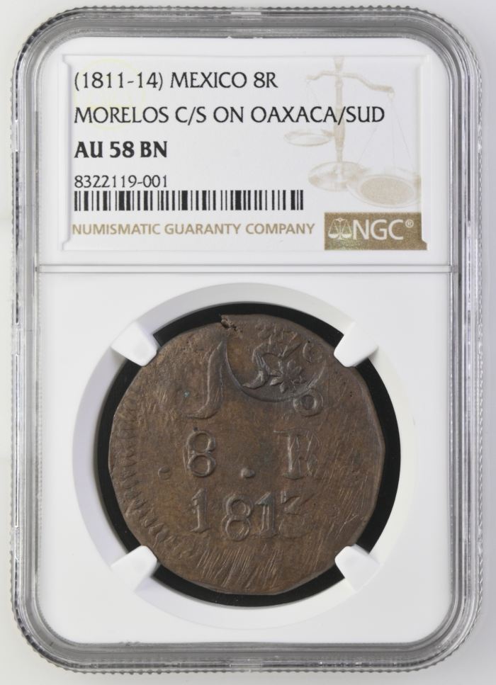 War For Independence 8 Reales (1811-14) Morelos C/S on Oaxaca/SUD NGC AU58BN 0144098War For Independence 8 Reales (1811-14) Morelos C/S on Oaxaca/SUD NGC AU58BN 0144098