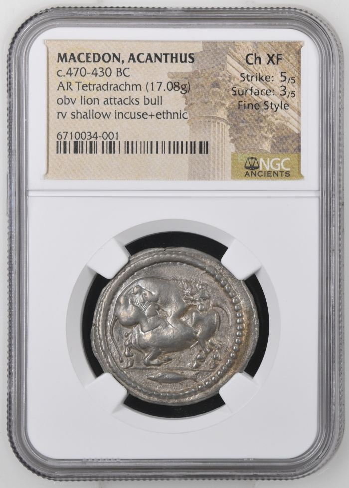 Macedonian Kings Acanthus 470-430 BC AR Tetradrachm NGC Ch XF 0144208Macedonian Kings Acanthus 470-430 BC AR Tetradrachm NGC Ch XF 0144208