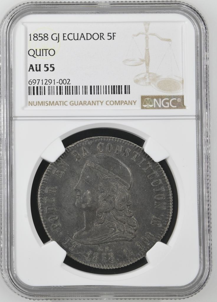 Ecuador 5 Franco 1858 Quito GJ NGC AU55 0144228