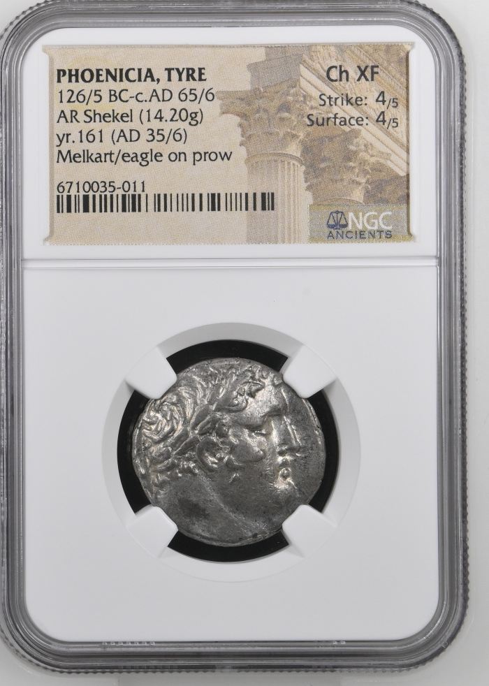 Phoenicia Tyre 126/5 BC - 65/6 AD AR Shekel NGC Ch XF 0144241Phoenicia Tyre 126/5 BC - 65/6 AD AR Shekel NGC Ch XF 0144241