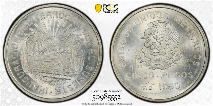 Modern Silver & Minors 5 Peso 1950 Mo KM-466 PCGS MS65 0144273Modern Silver & Minors 5 Peso 1950 Mo KM-466 PCGS MS65 0144273 - Image 3