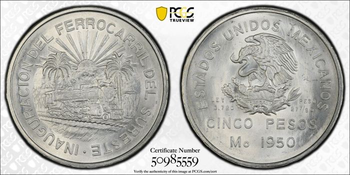 Modern Silver & Minors 5 Peso 1950 Mo KM-466 PCGS MS66 0144280Modern Silver & Minors 5 Peso 1950 Mo KM-466 PCGS MS66 0144280 - Image 3