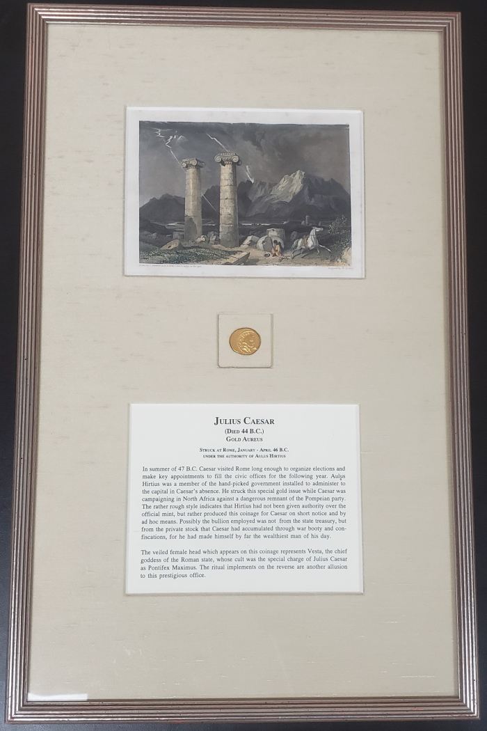 Roman Imperatorial Julius Caesar d.44 BC AV Aureus in Frame 0144245Roman Imperatorial Julius Caesar d.44 BC AV Aureus in Frame 0144245