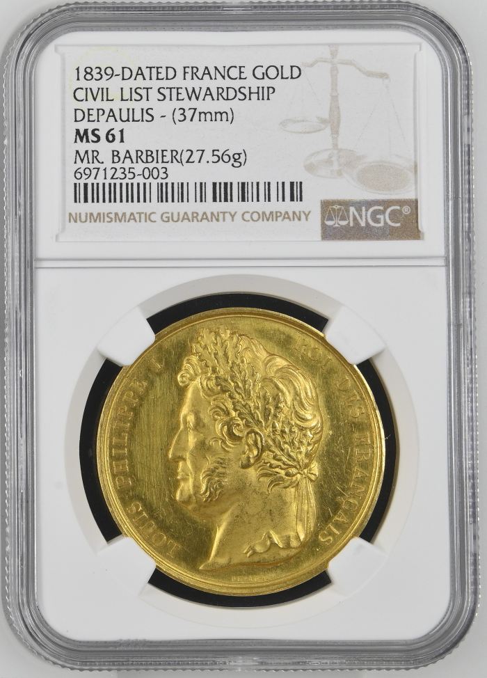 France Civil List Stewardship Gold Medal 1839 NGC MS61 0144434