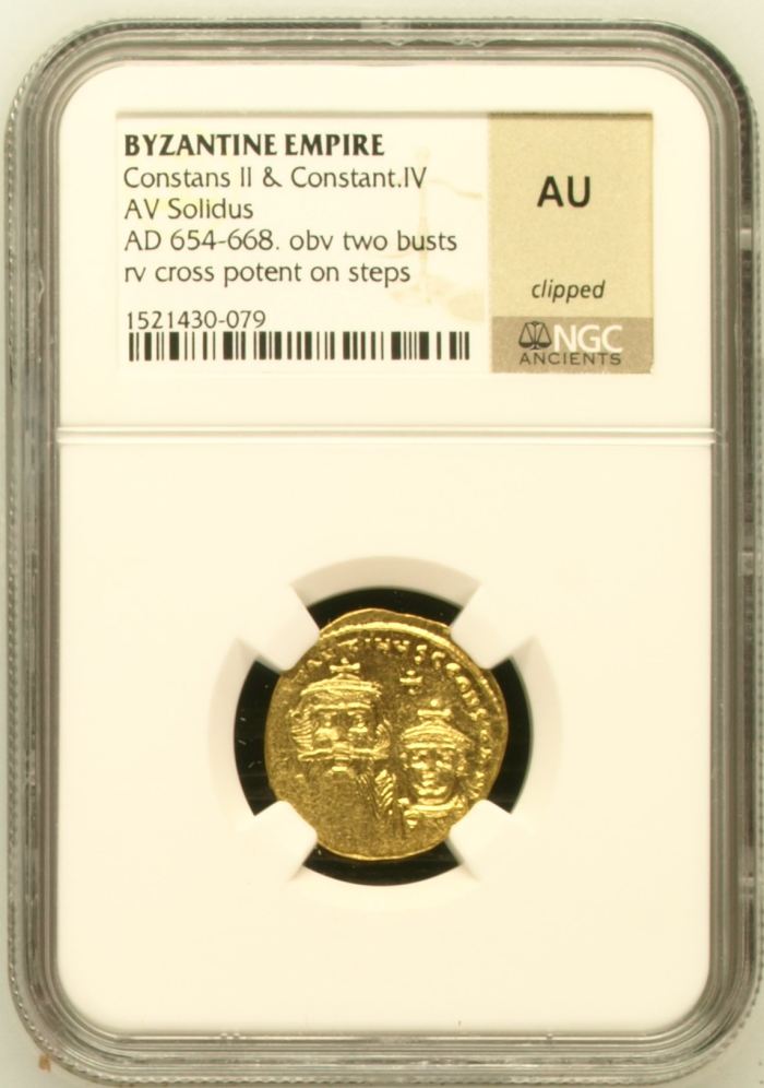 Byzantine Constans II & Constant IV 654-668 AD AV Solidus NGC AU 0144448