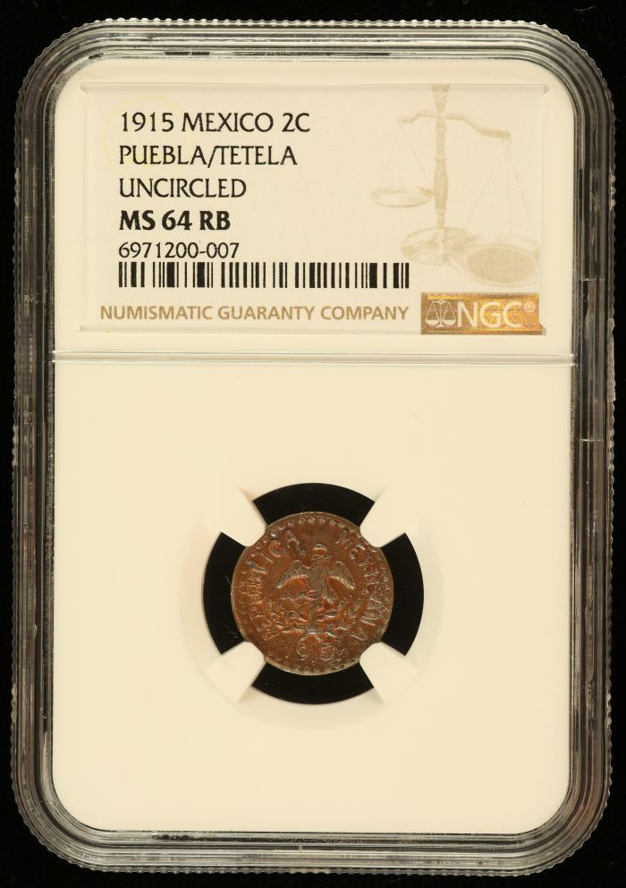 Puebla 2 Centavo 1915 Puebla/Tetela NGC MS64RB 0144457Puebla 2 Centavo 1915 Puebla/Tetela NGC MS64RB 0144457