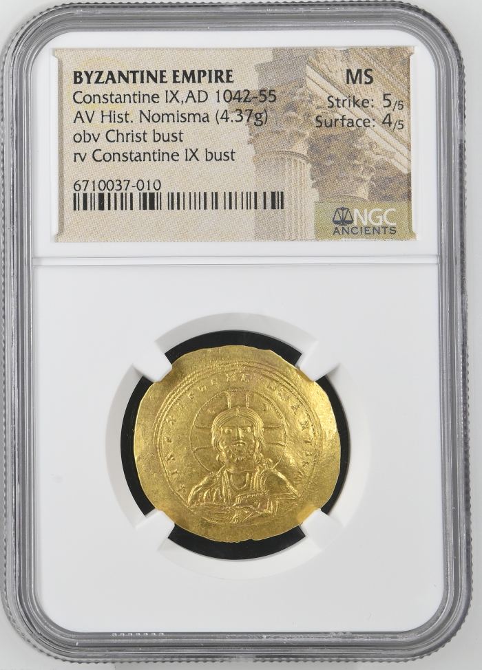 Byzantine Constantine IX 1042-55 AD AV Histamenon Nomisma NGC MS 0144475Byzantine Constantine IX 1042-55 AD AV Histamenon Nomisma NGC MS 0144475