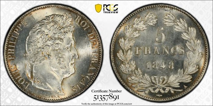 France 5 Franc 1848 A PCGS MS63 Gad-678a, F-325 0144479France 5 Franc 1848 A PCGS MS63 Gad-678a, F-325 0144479 - Image 3