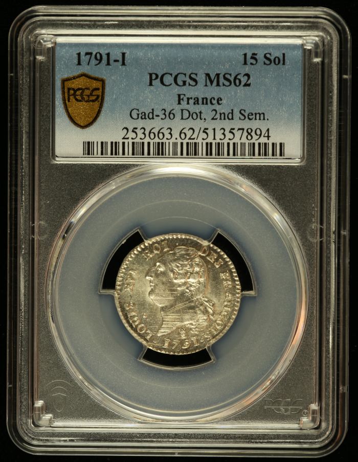 France 15 Sol 1791 I PCGS MS62 Gad-36 0144489France 15 Sol 1791 I PCGS MS62 Gad-36 0144489