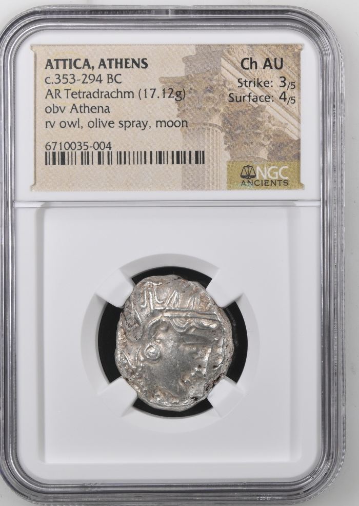 Attica Athens c.353-294 BC AR Tetradrachm NGC Ch AU 0144490Attica Athens c.353-294 BC AR Tetradrachm NGC Ch AU 0144490