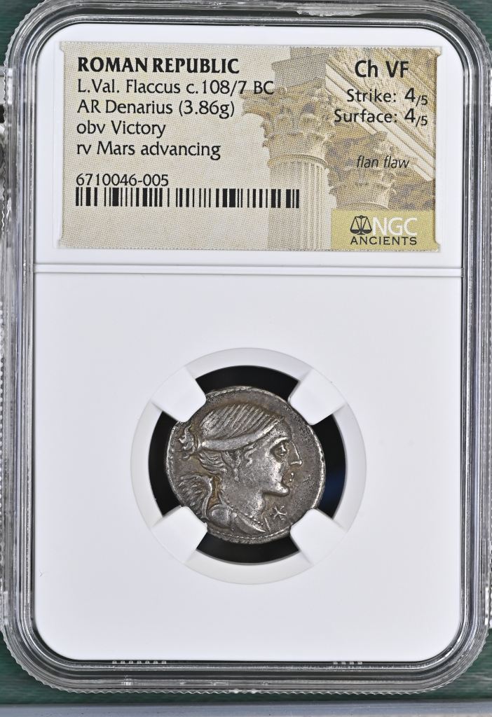 Roman Republic L.Valeria Flaccus c.108/7 BC AR Denarius NGC Ch VF 0144492