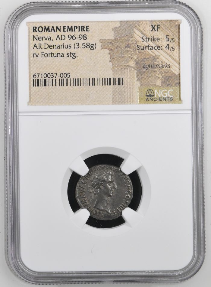 Roman Imperial Nerva 96-98 AD AR Denarius NGC XF 0144499Roman Imperial Nerva 96-98 AD AR Denarius NGC XF 0144499