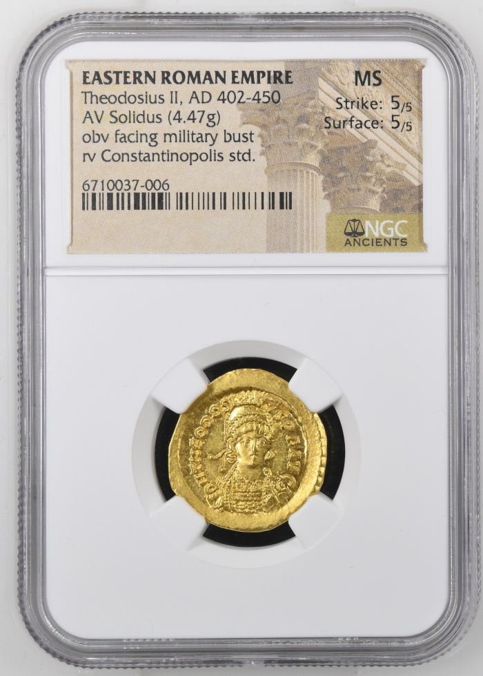 Roman Imperial Theodosius II 402-450 AD AV Solidus NGC MS 0144500Roman Imperial Theodosius II 402-450 AD AV Solidus NGC MS 0144500