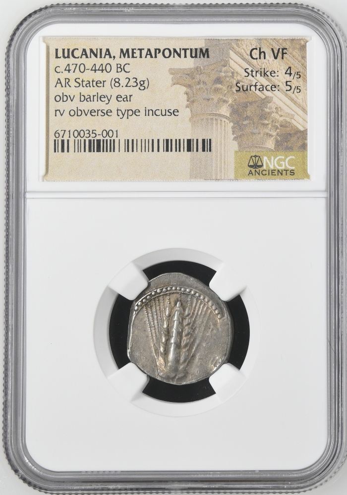 Lucania Metapontum c.470-440 BC AR Stater NGC Ch VF 0144502Lucania Metapontum c.470-440 BC AR Stater NGC Ch VF 0144502