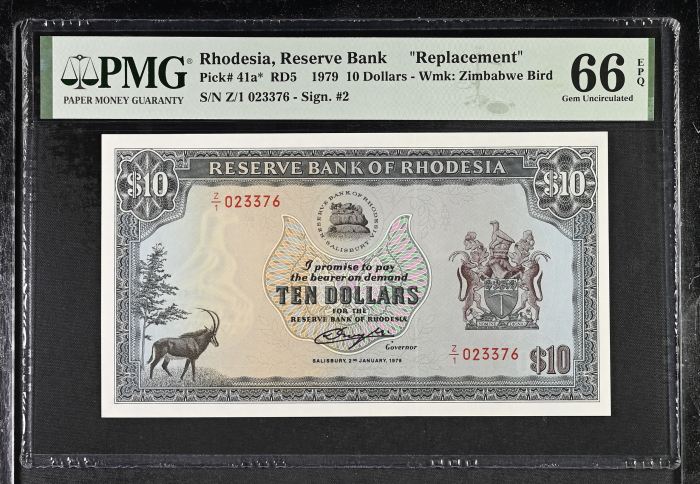 Rhodesia 10 Dollars 1979 Pick #41a* PMG Gem UNC66 EPQ 0144539