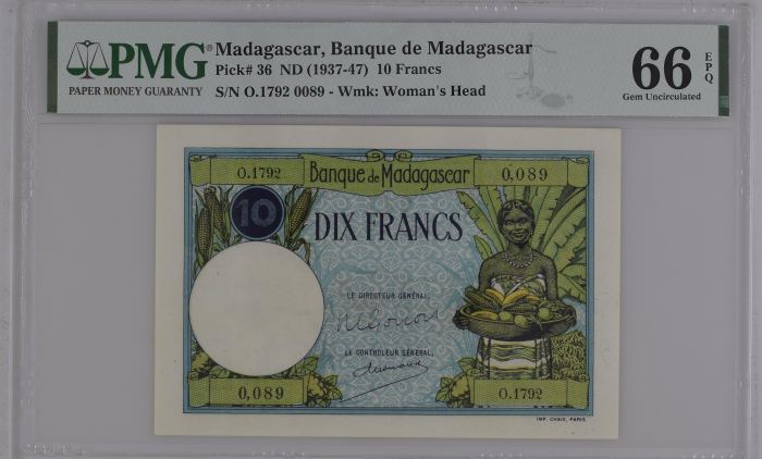 Madagascar 10 Francs ND (1937-47) Pick #36 PMG Gem UNC66 EPQ 0144540