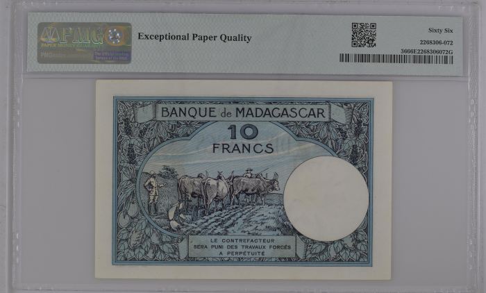 Madagascar 10 Francs ND (1937-47) Pick #36 PMG Gem UNC66 EPQ 0144540