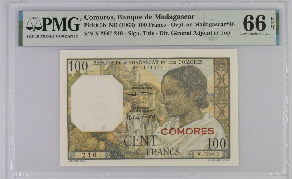 Comoros 100 Francs ND (1963) Pick #3b PMG Gem UNC66 EPQ 0144541