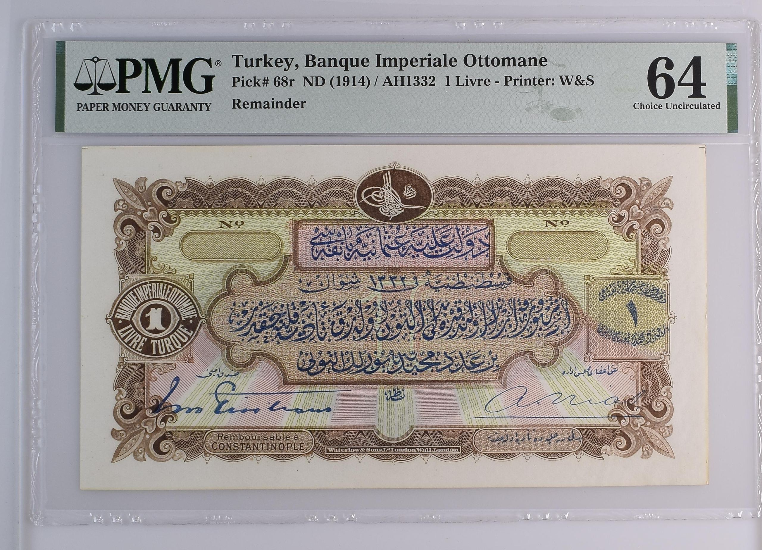 Turkey Livre ND (1914)/AH1332 Pick #68r PMG Ch UNC64 0144543