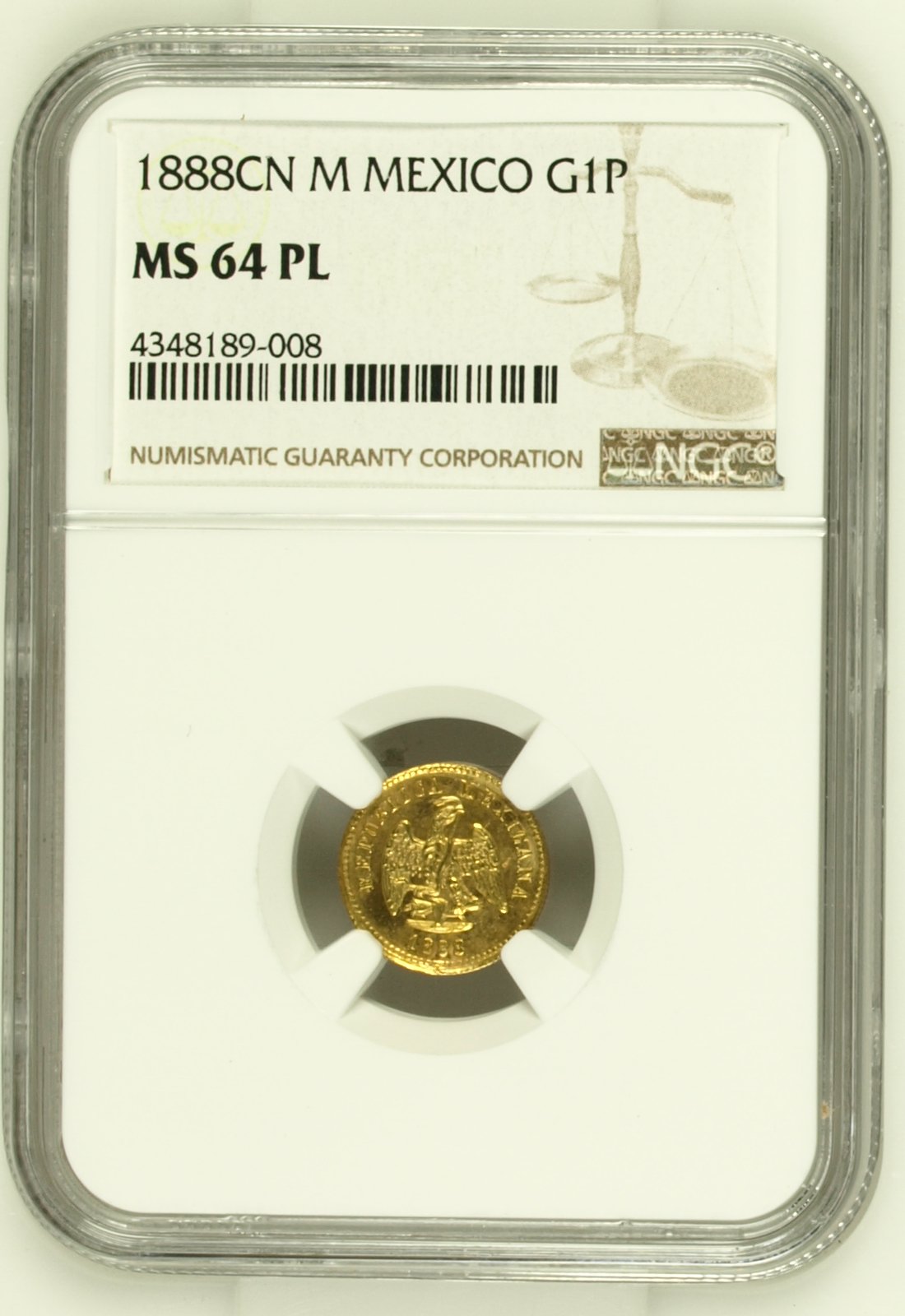 Republic Gold Peso 1888 Cn M NGC MS64PL 0144544