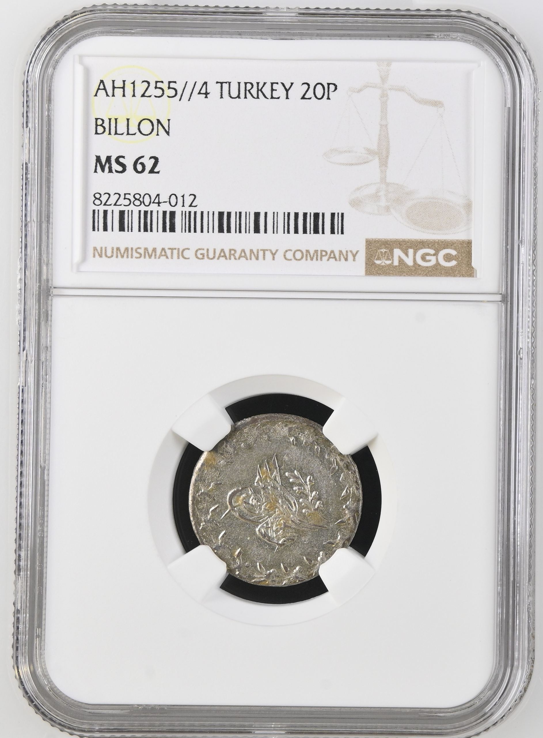 Turkey 20 Para AH1255//4 Billon NGC MS62 0144570