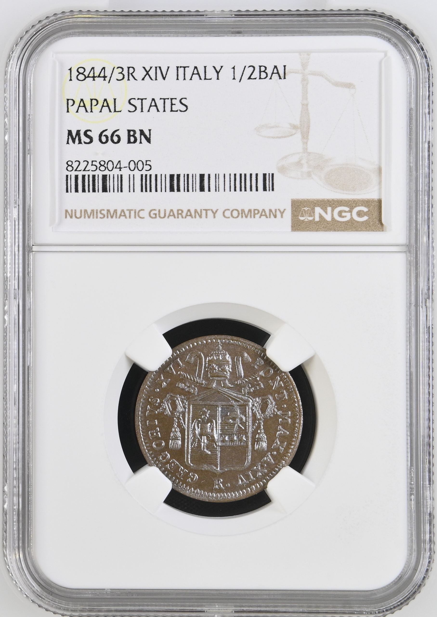 Italy/San Marino/Vatican 1/2 Baiocco 1844/3 R XIV NGC MS66BN 0144581