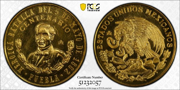 Medals & Tokens Mint Errors Modern Gold Battle of Cinco de Mayo Gold Medal (1962) Mo PCGS MS66 0144618