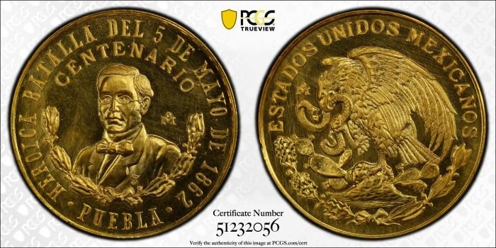 Medals & Tokens Modern Gold Battle of Cinco de Mayo Gold Medal (1962) Mo Grove-801 PCGS MS66 0144619