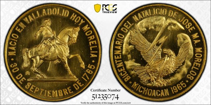 Medals & Tokens Modern Gold Morelos Bicentennial Gold Medal 1965 Mo PCGS SP64 Grove-P-326 0144626